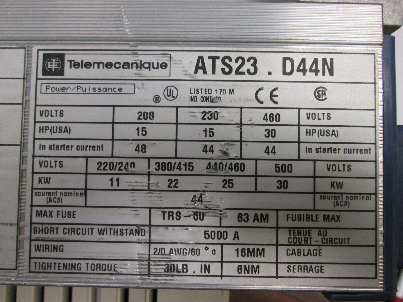 Telemecanique Altistart 3 Soft Start ATS23.D44N 30HP / 15HP 208/230/460V
