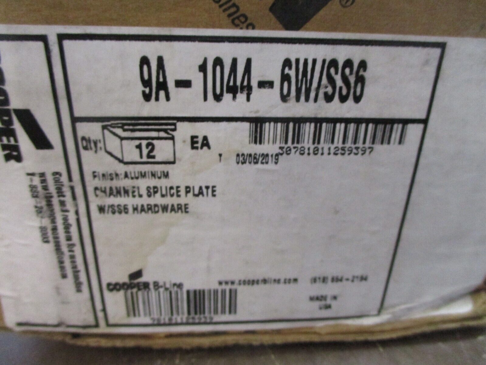Cooper Channel Splice Plate 9A-1044-6W/SS6 Aluminum *Box of 12* New Surplus