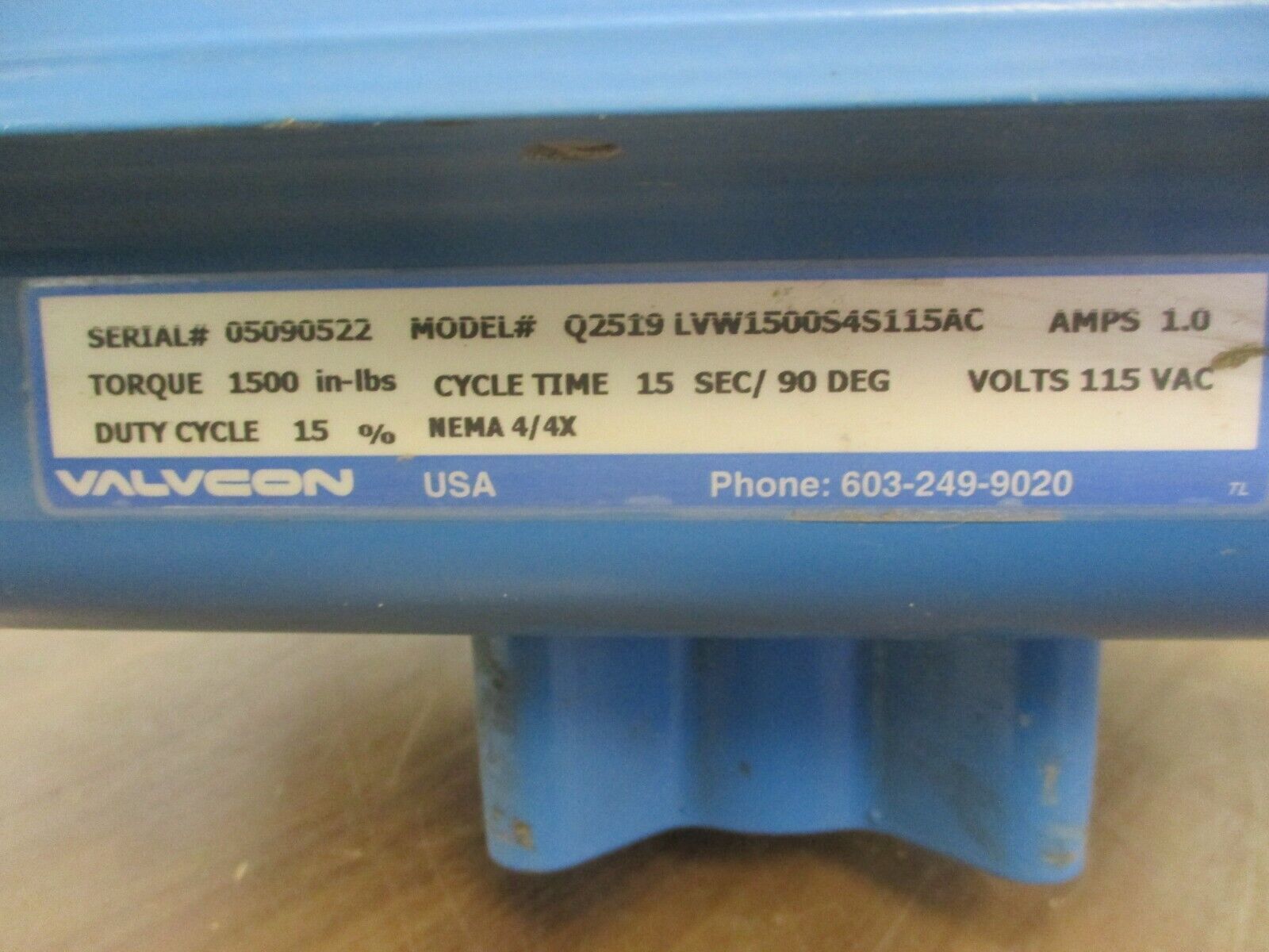 Valvcon Actuator Q2519 LVW1500S4S115AC 1500 in-lbs 115V 1A Cycle Time: 15sec/90°