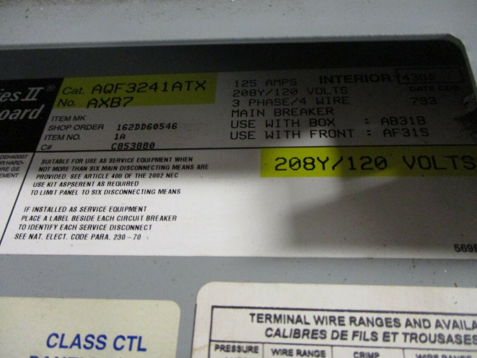 GE Main Breaker Circuit Breaker Panel AQF3241ATX 100A Main 208Y/120V 3Ph 4W Used