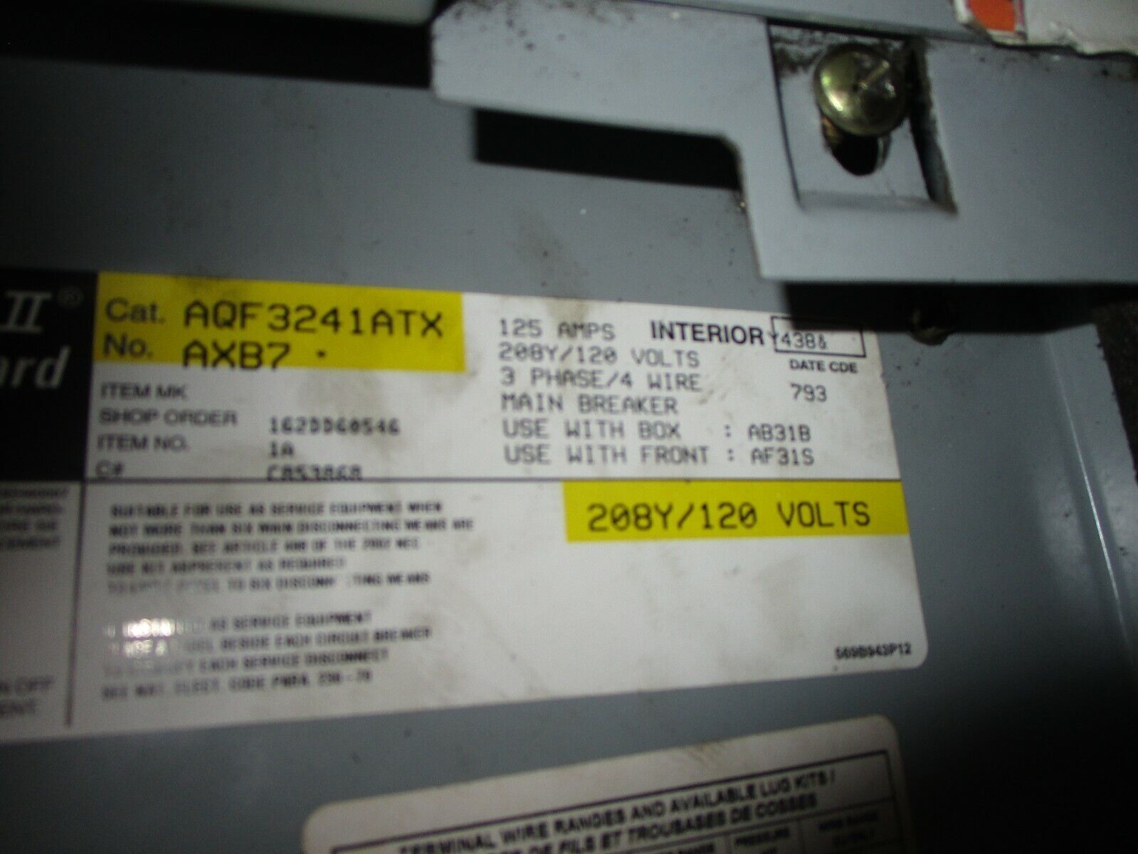 GE Main Breaker Circuit Breaker Panel AQF3241ATX 100A Main 208Y/120V 3Ph 4W Used