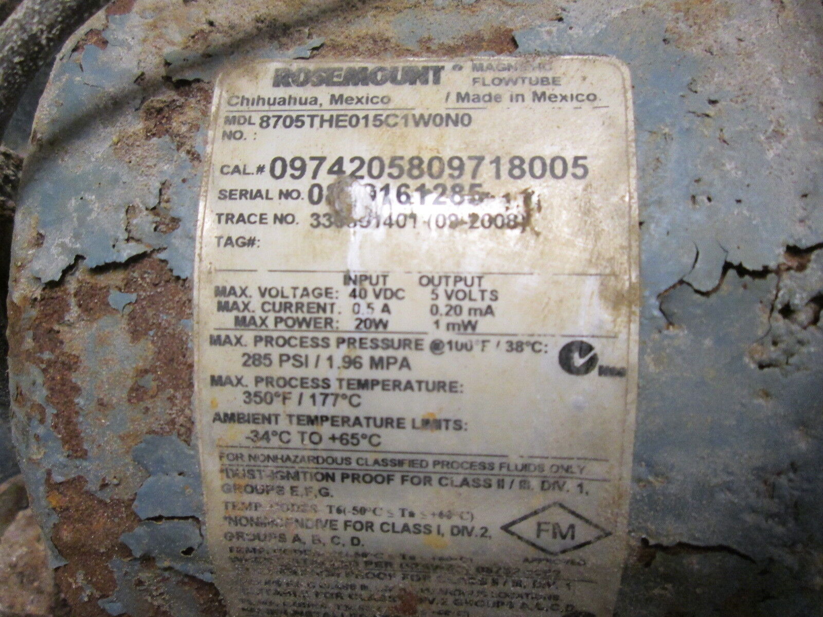 Rosemount Magnetic Flowtube 8705THE015C1W0N0 285PSI Used