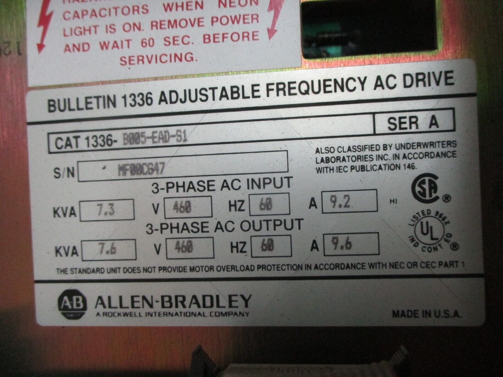 Allen-Bradley 1336 AC Drive 1336-B005-EAD-S1 Ser. A 5HP 3Ph *No Cover Screw*