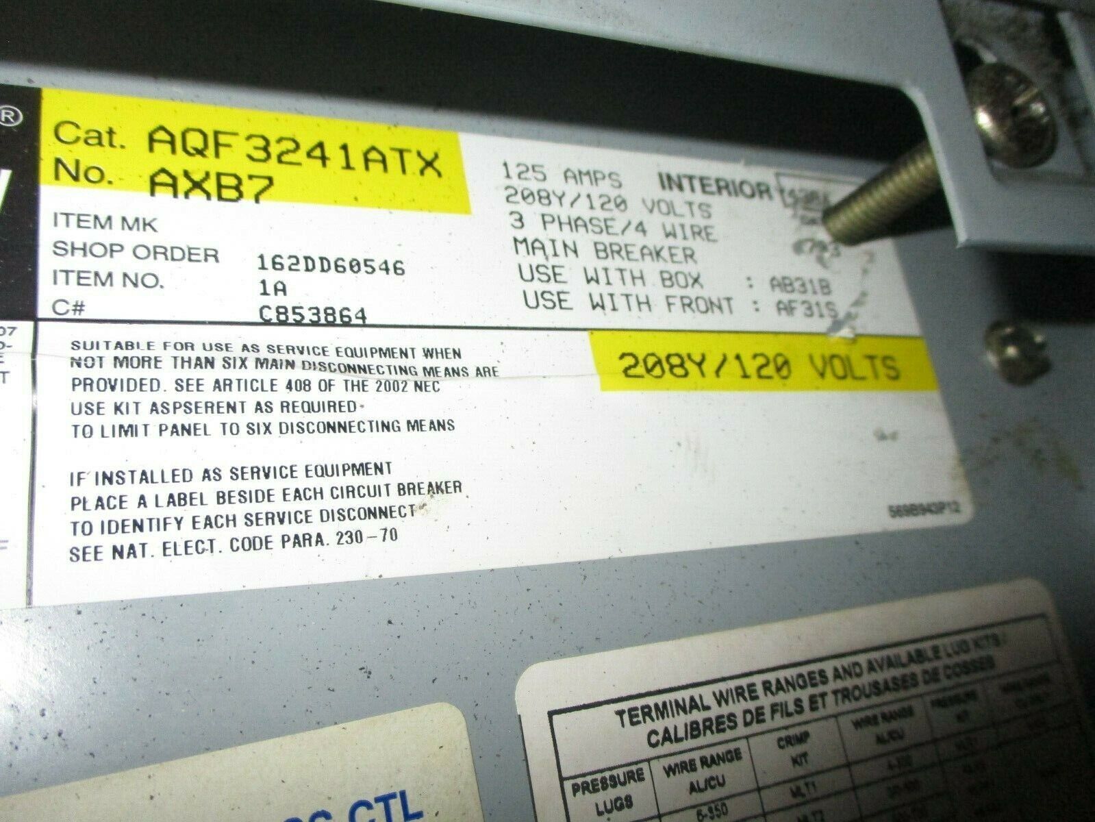 GE Main Breaker Circuit Breaker Panel AQF3241ATX 100A Main 208Y/120V 3Ph 4W Used