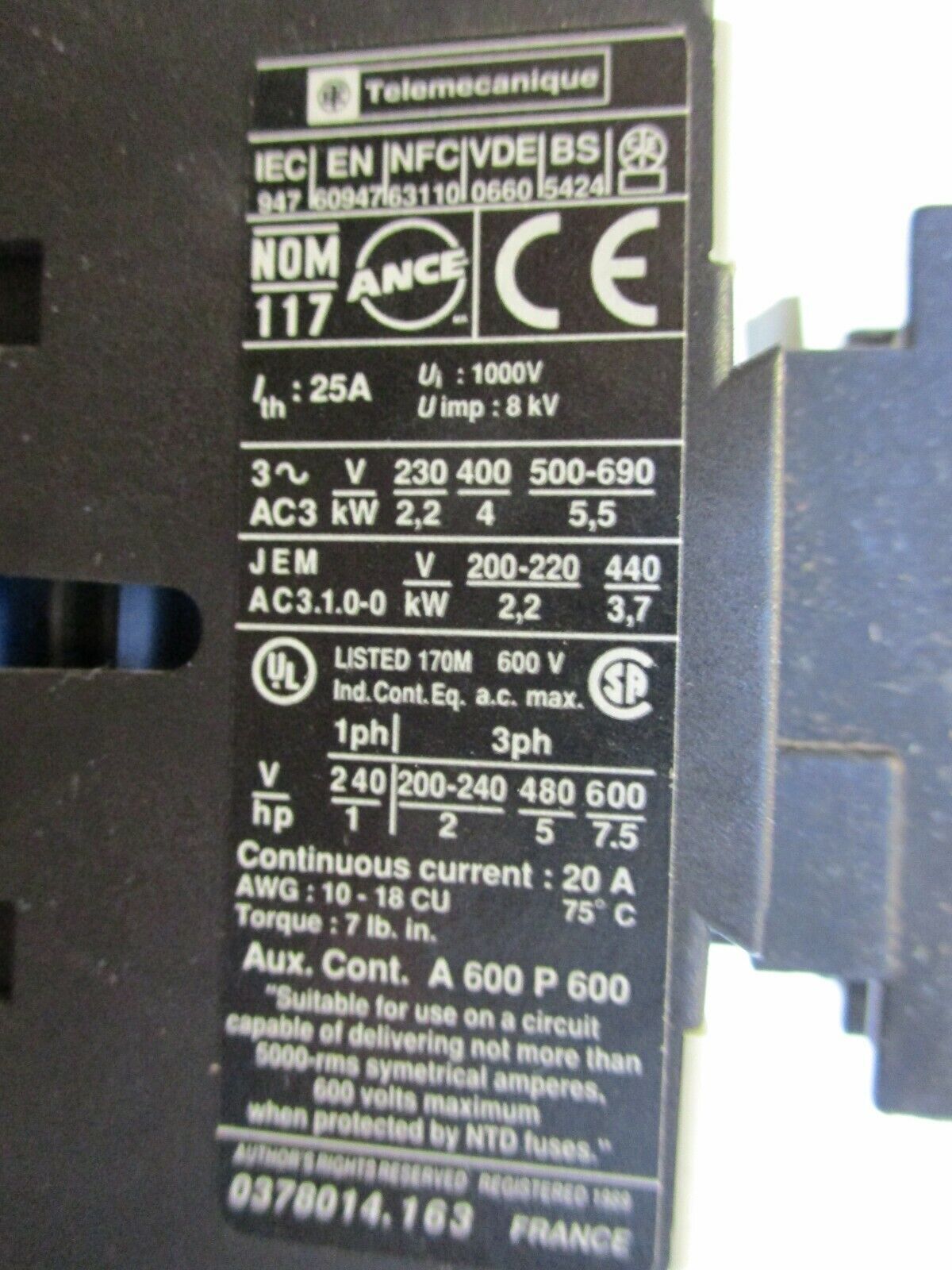 Telemecanique Contactor w/ Aux Contact Block LC1 D09 01 110V Coil 20A 600V Used