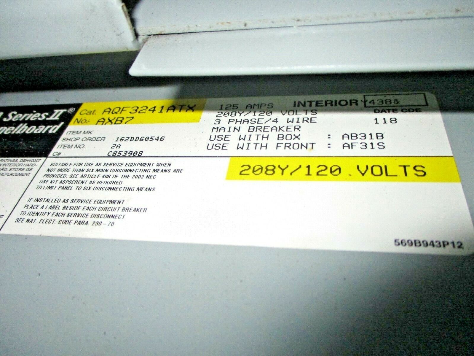 GE Main Breaker Circuit Breaker Panel AQF3241ATX 100A Main 208Y/120V 3Ph 4W Used