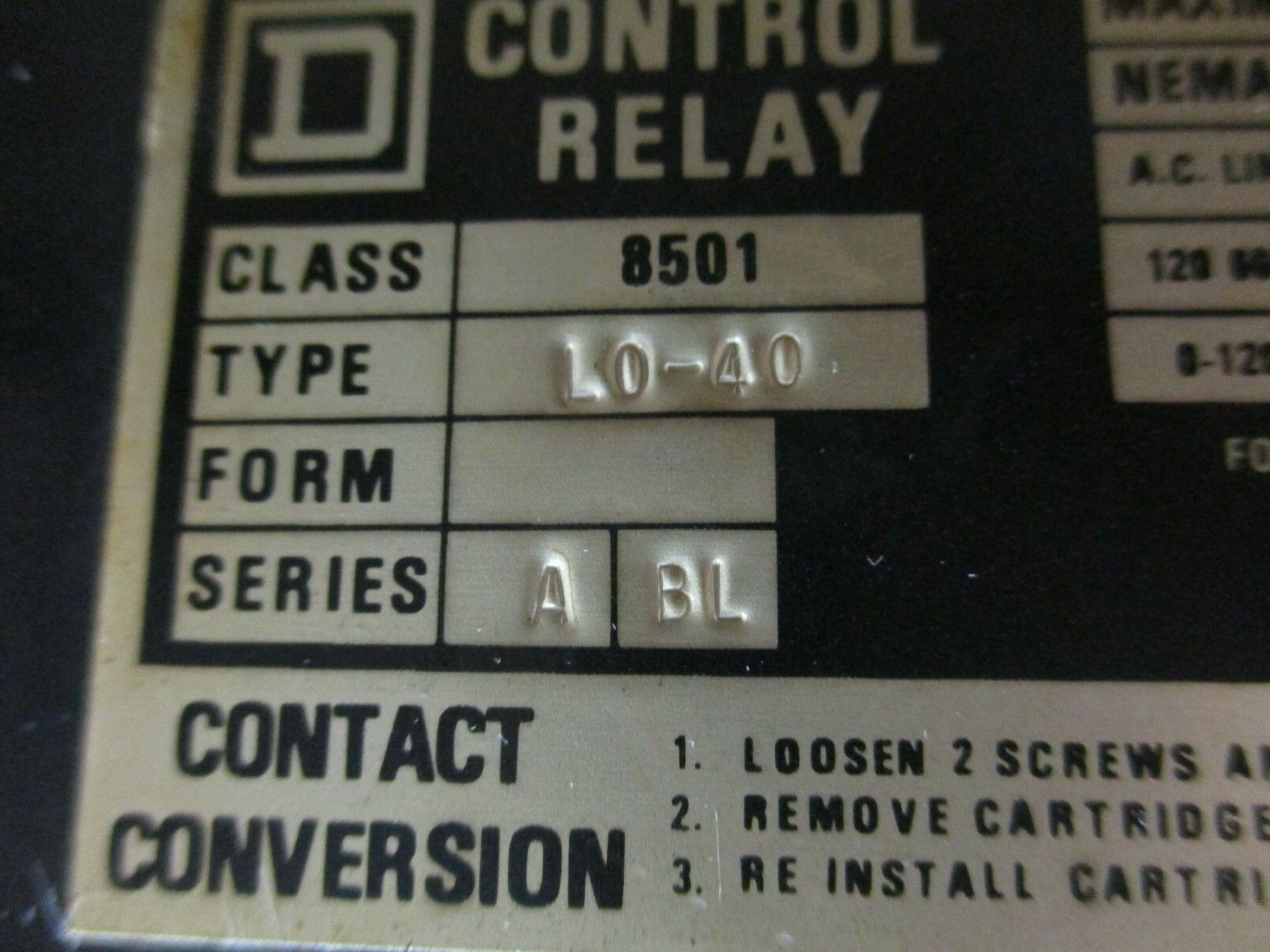 Square D Control Relay 8501 L0-40 A BL Ser. A 8P 10A 600V Used