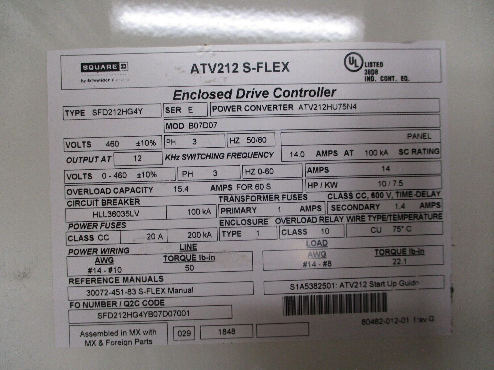 Square D ATV212 S-Flex AC Drive w/ Bypass SFD212HG4Y Ser. E Mod: B07D07 10HP 3Ph