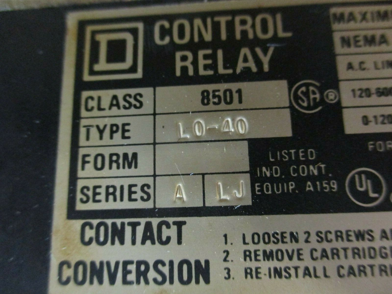 Square D Control Relay 8501 L0-40 A LJ Ser. A 8P 10A 600V Used