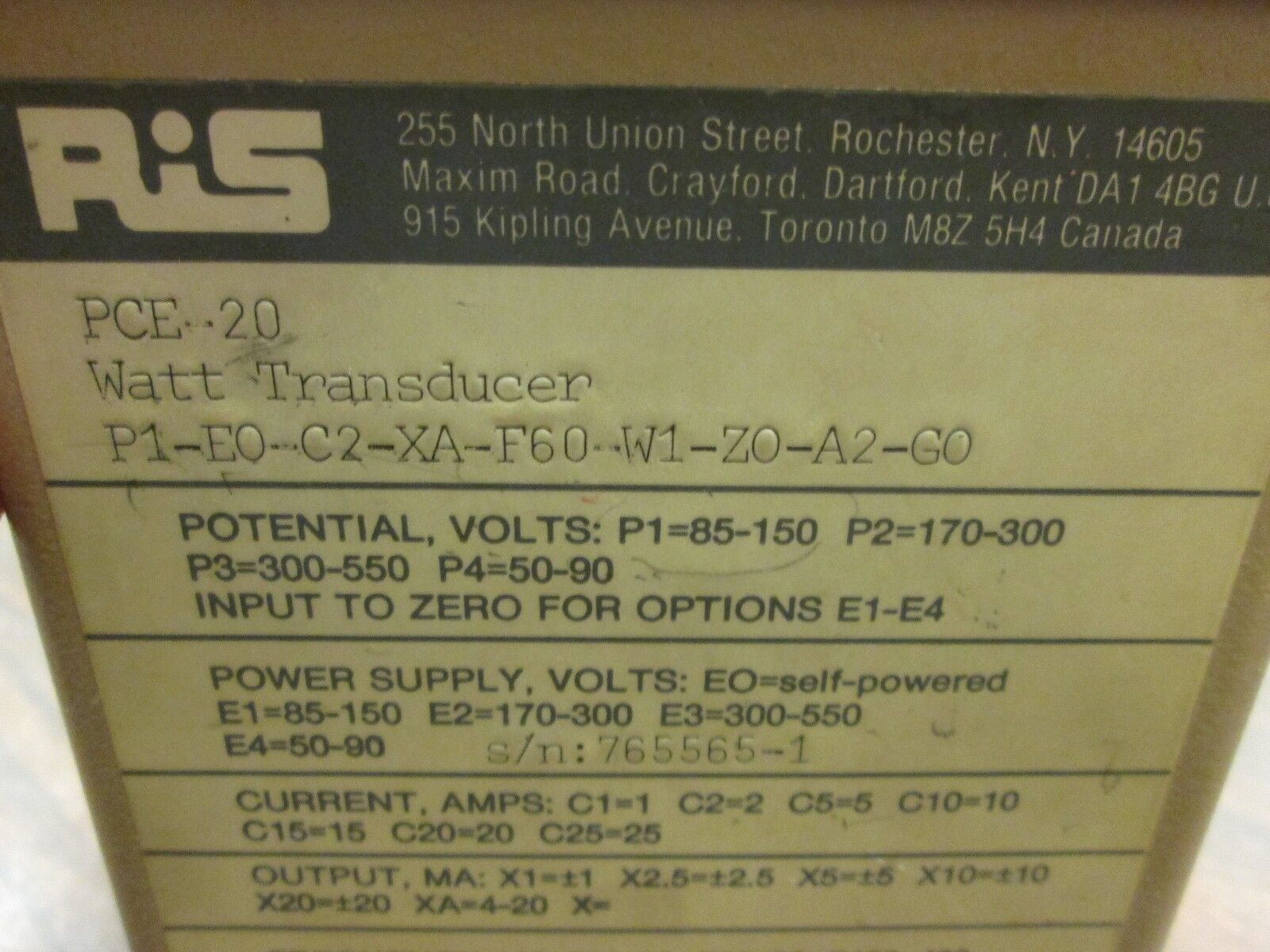 RiS PCE-20 Watt Transducer P1-E0-C2-XA-F60-W1-Z0-A2-G0 Used