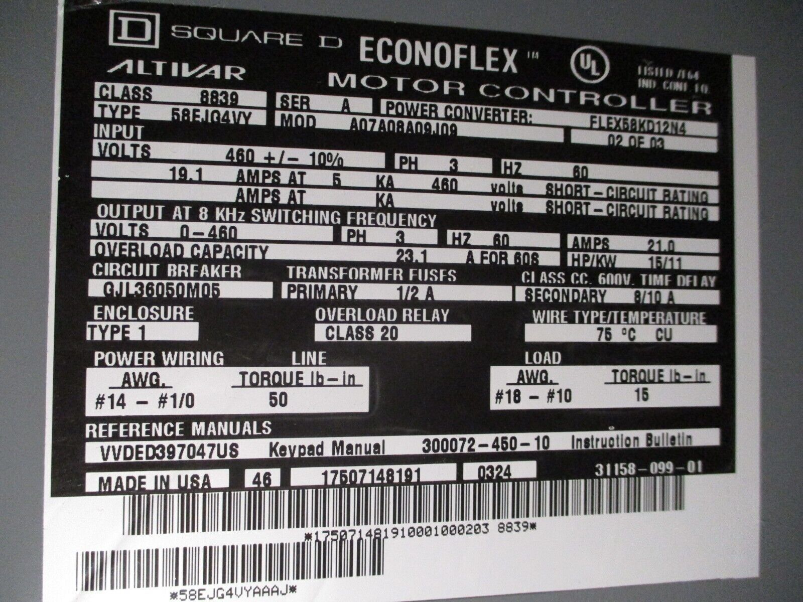 Square D EconoFlex Altivar AC Drive w/ Bypass 8839 58EJG4VY Ser. A 15HP 3Ph Used