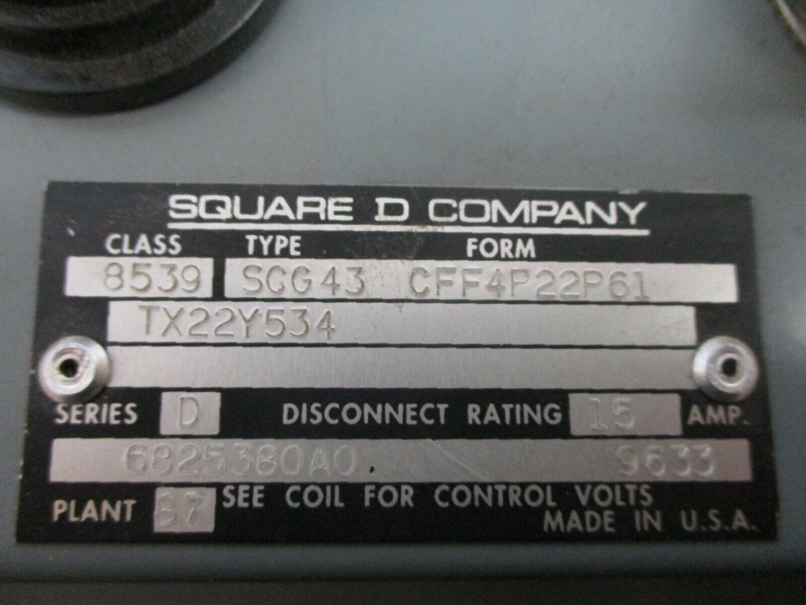 Square D Size 1 Breaker Combination 8539 SCG43 CFF4P22P61 120V Coil 15A 600V