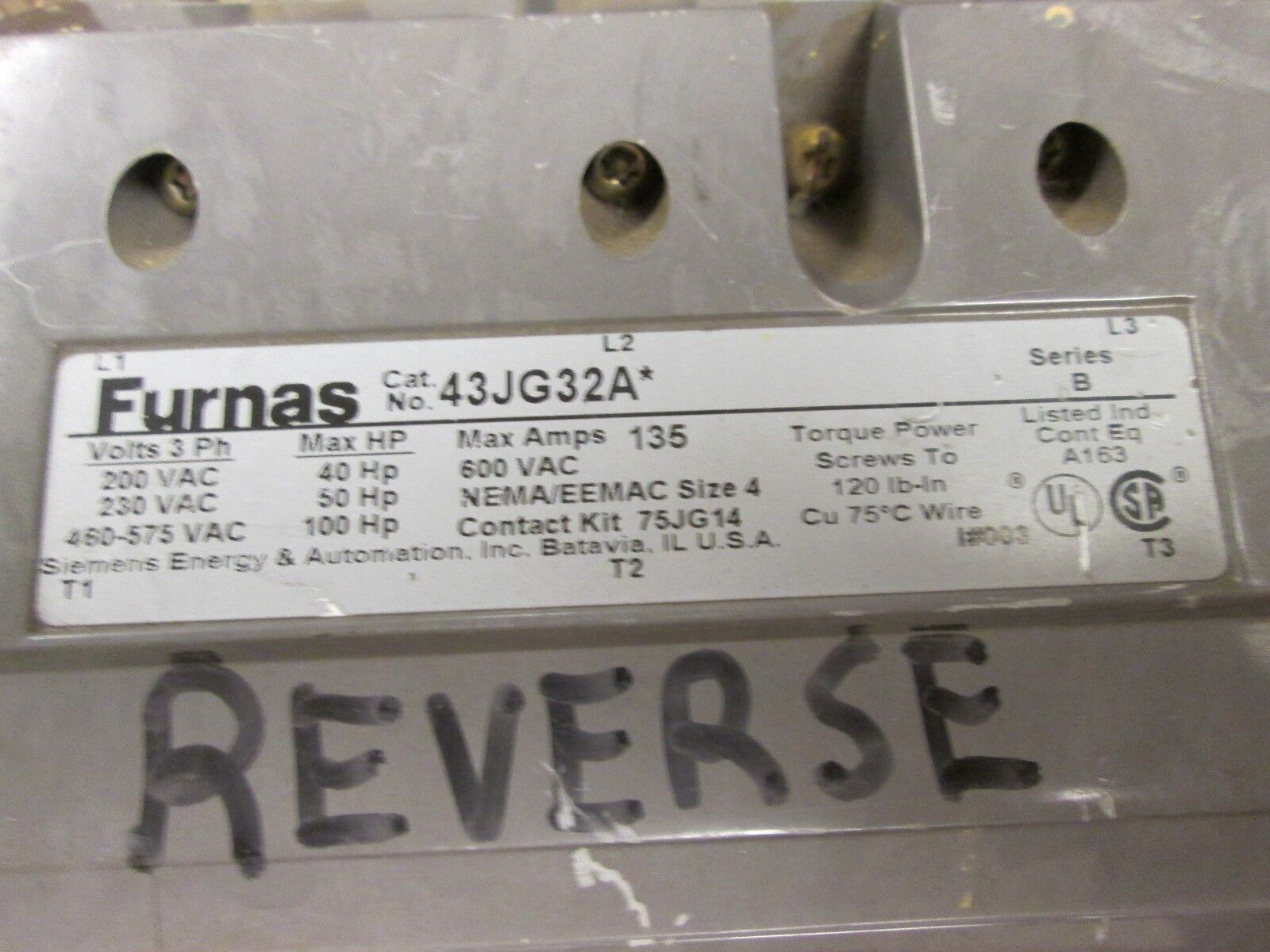 Furas Reversing Contactor 43JG32A* 120V Coil 135A 600V Used