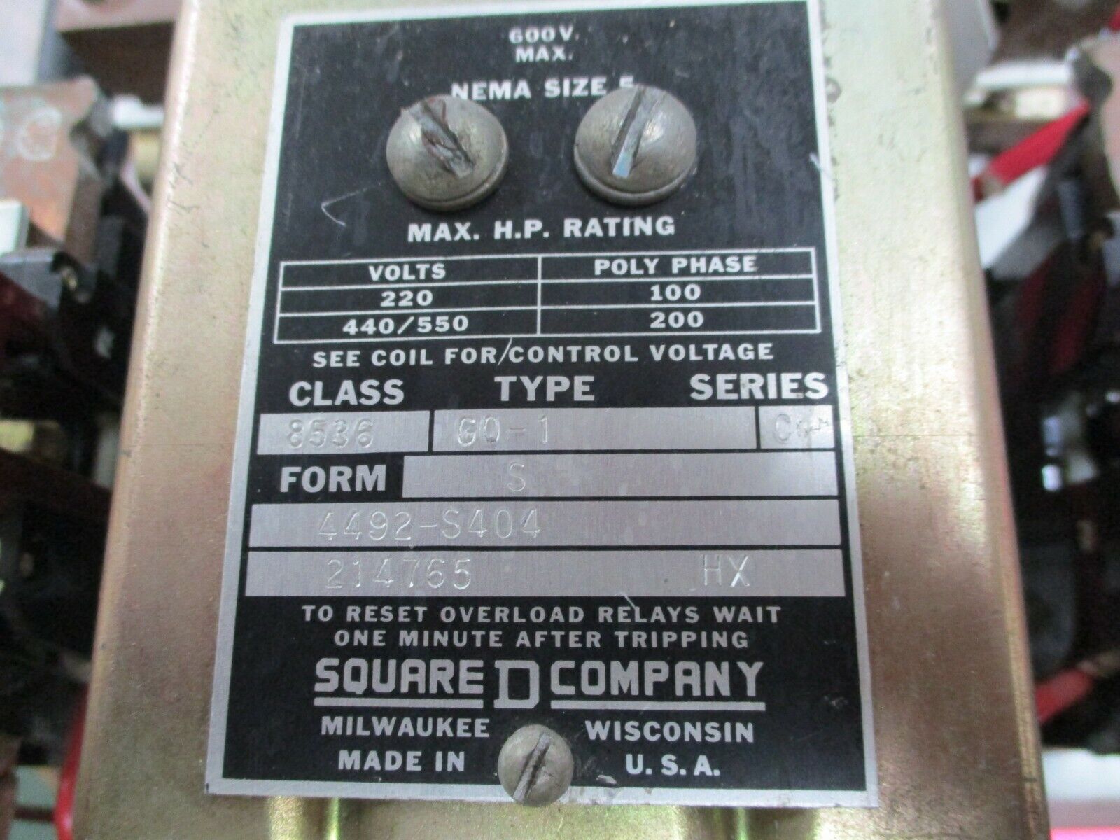 Square D Size 5 Starter 8536 G0-1 S Ser. C 120V Coil 220/440/550V 100/200HP Used