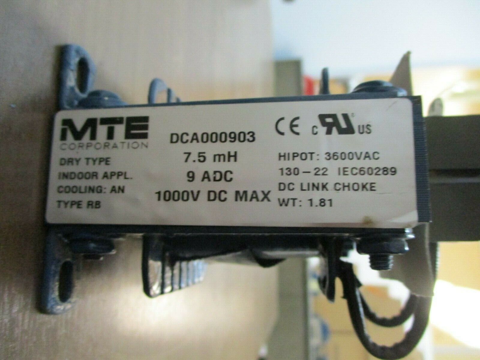 MTE DC Link Choke DCA000903 7.5mH 9A DC 1000VDC Hipot: 3600VAC Used