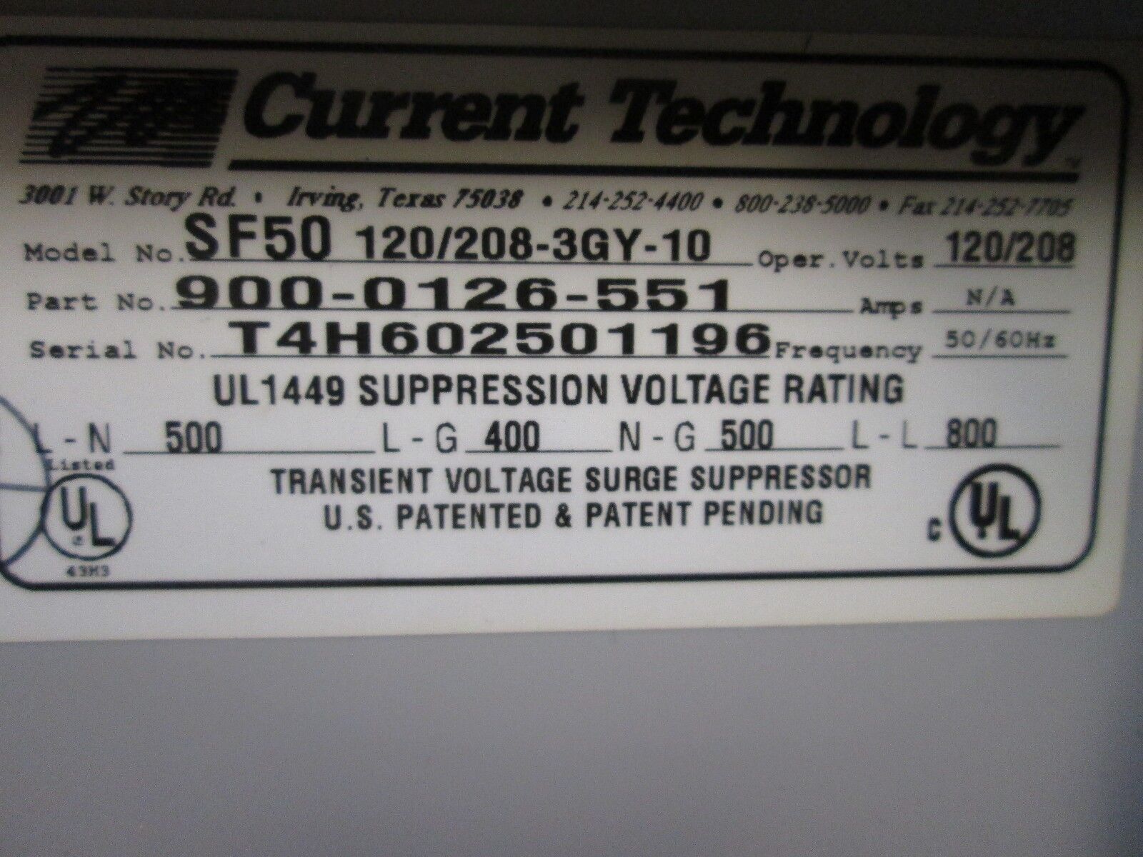Current Technology SF50 Suppression Filter System 900-0126-551 120/208-3GY-10