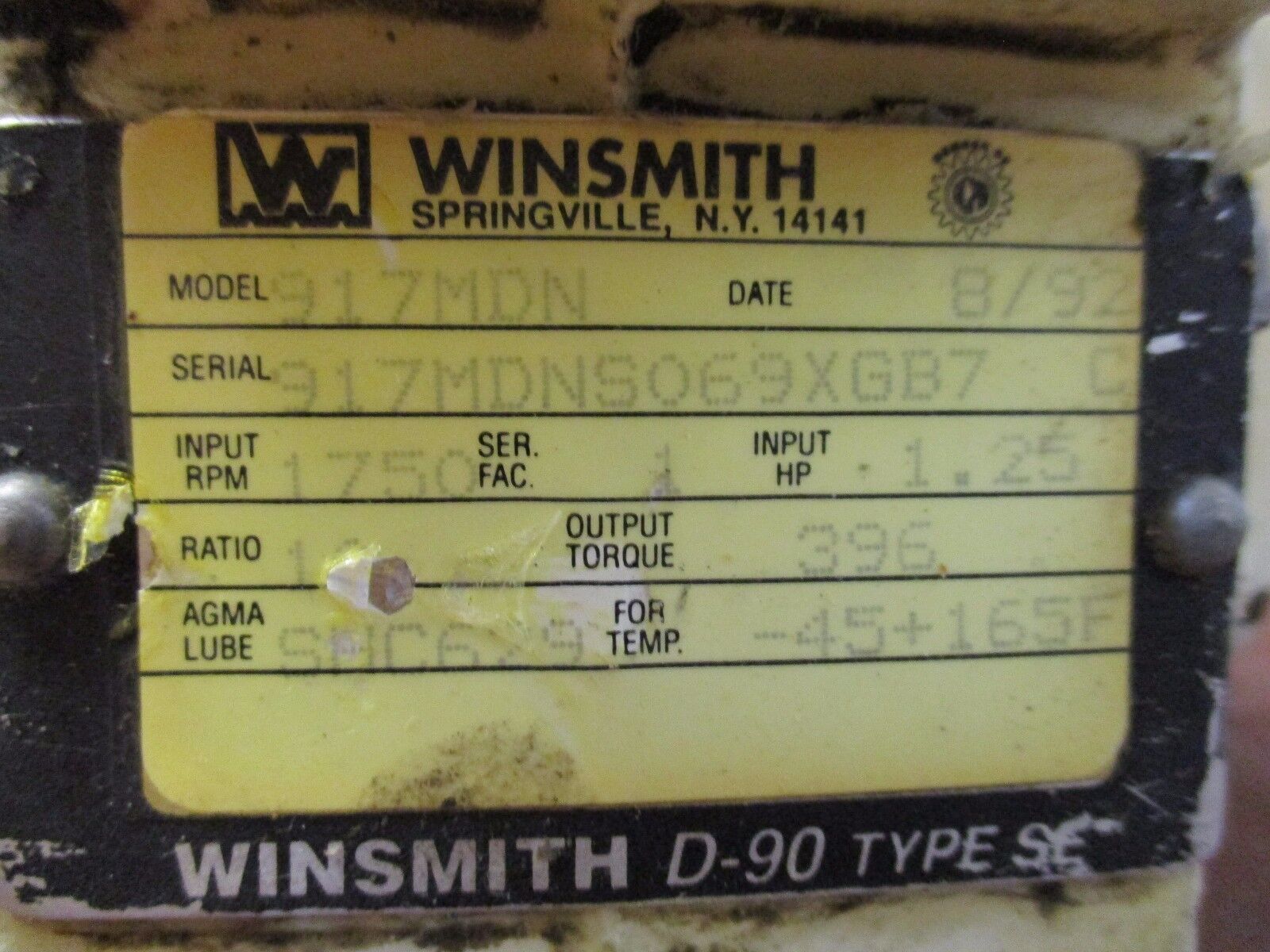 Winsmith D-90 Type SE Reducer 917MDN Ratio 10:1 In 396 LB-In Torque 1.25HP Out