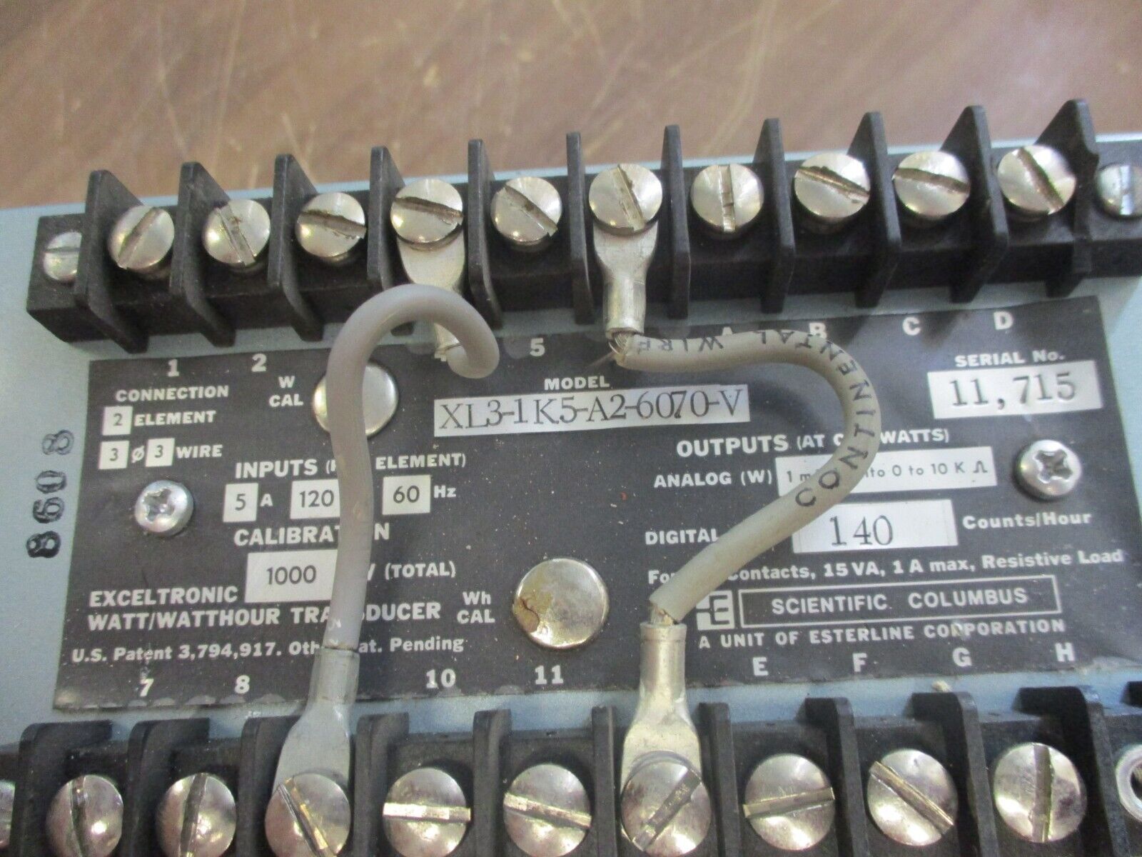 Scientific Columbus Exceltronic Watt/Watthour Transducer XL3-1K5A2-6070 3Ph Used