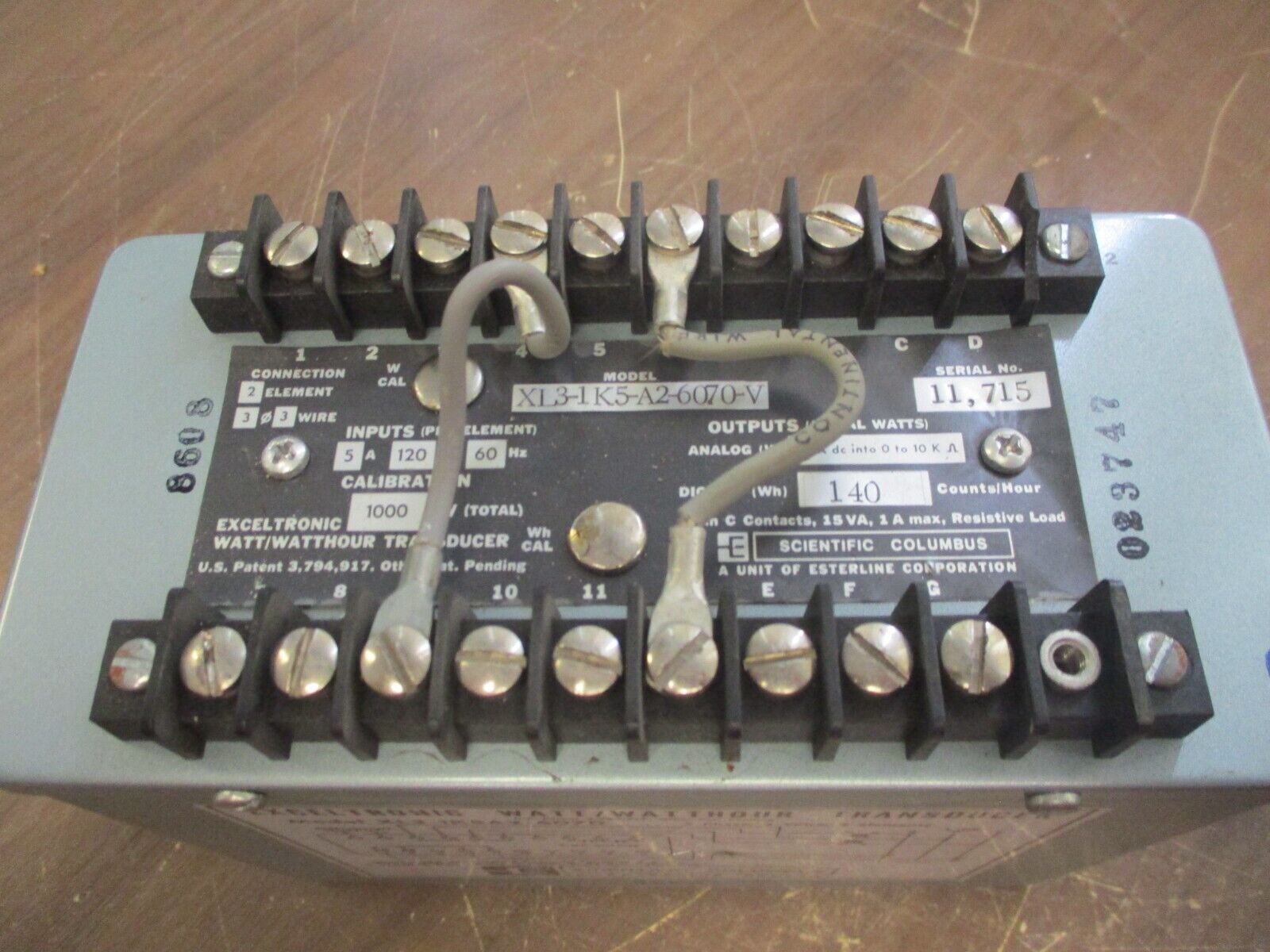 Scientific Columbus Exceltronic Watt/Watthour Transducer XL3-1K5A2-6070 3Ph Used