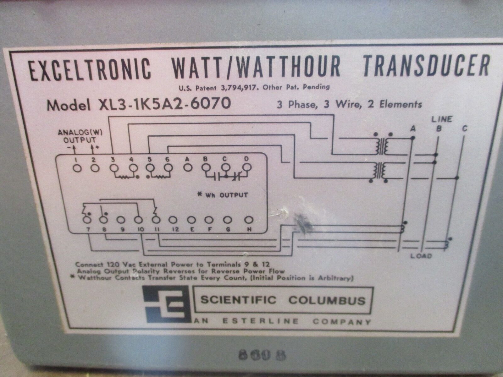 Scientific Columbus Exceltronic Watt/Watthour Transducer XL3-1K5A2-6070 3Ph Used