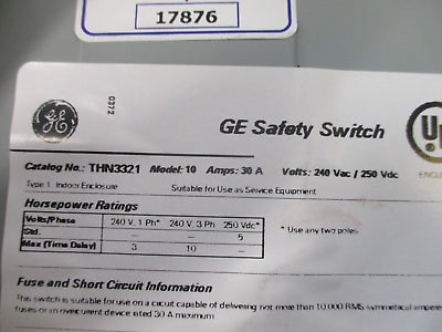 GE Non-Fusible Safety Switch / Disconnect THN3321 30A 240V 3P 3W New Surplus.