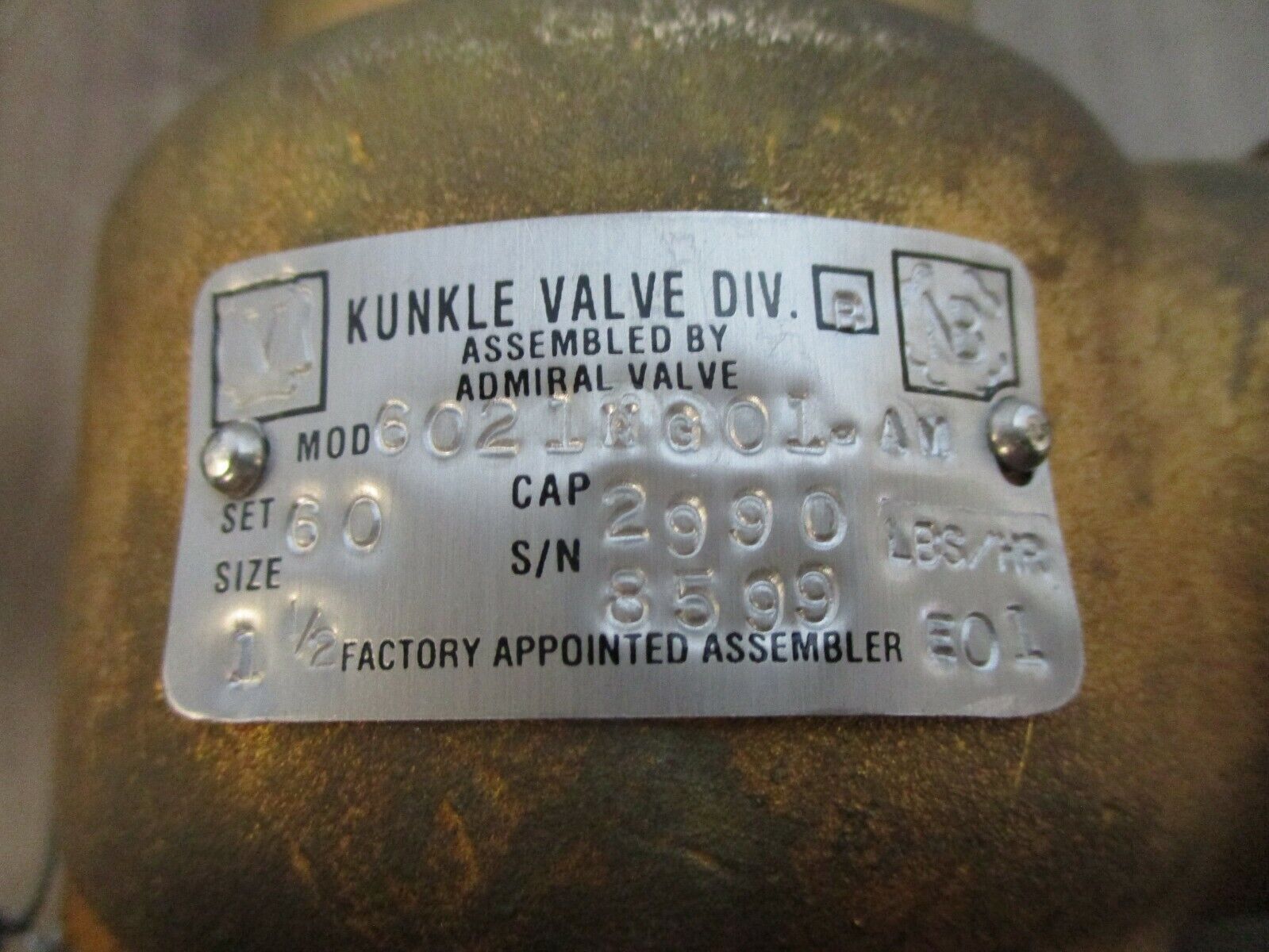 Kunkle Steam Relief Valve 6021HG01.AM Capacity: 2000 lbs / hr Set: 60PSIG Used