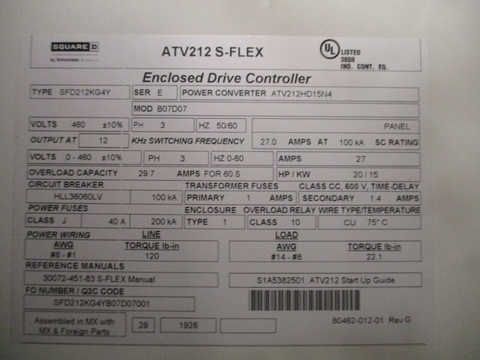 Square D ATV212 S-Flex AC Drive w/ Bypass SFD212KG4Y Ser. E 20HP 3Ph w/ Keypad