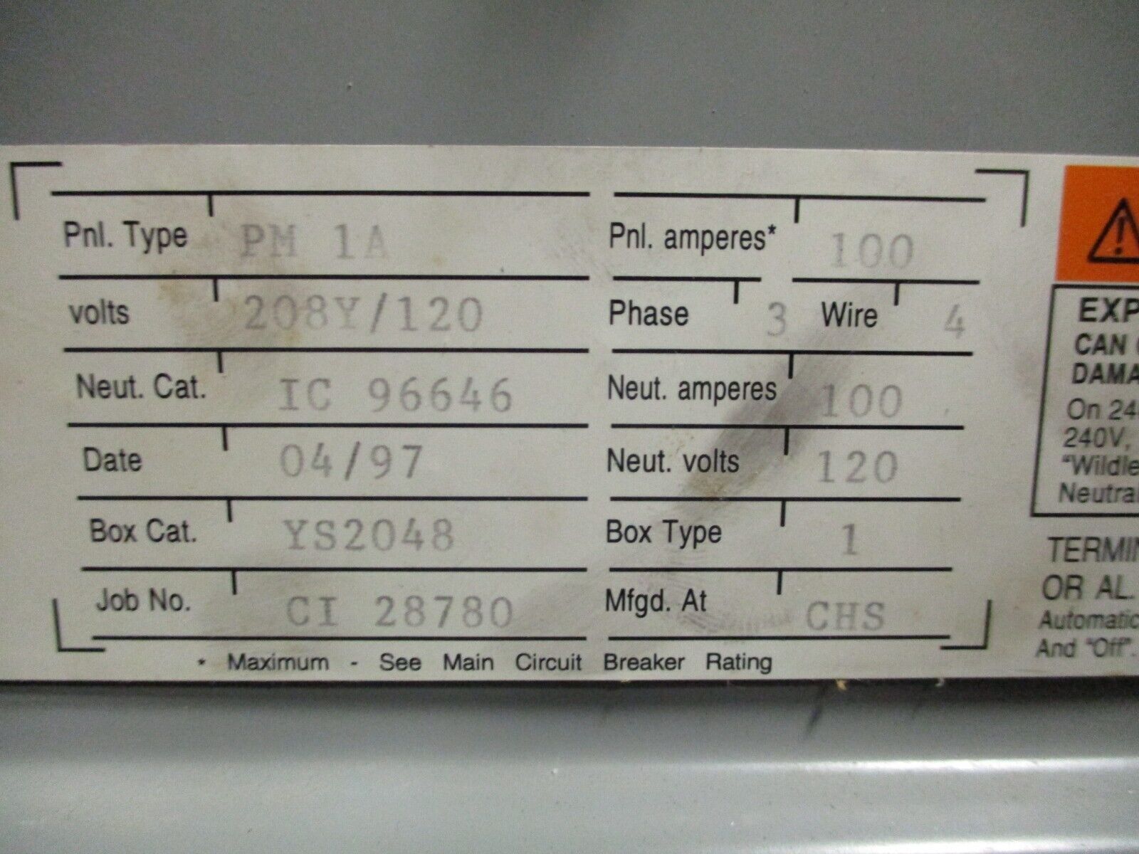 Challenger Main Breaker Breaker Panel PM1A 100A Main 208/120V 3Ph 4W 42-Slot