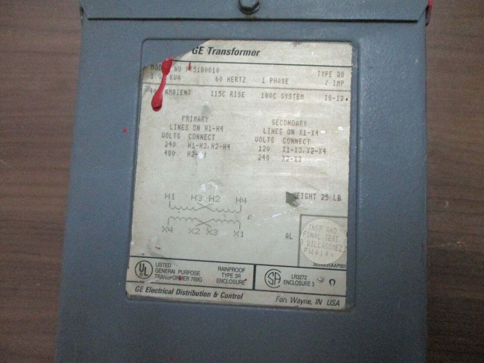 GE QB Transformer 9T51B0010 1.0kVA Pri: 240/480V Sec: 120/240V 60Hz 1Ph Used