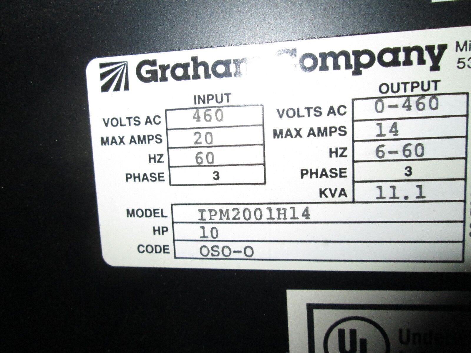 Graham AC Drive w/ Bypass IPM2001H14 10HP Used