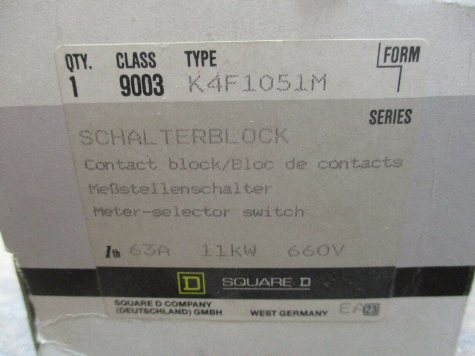 Square D Meter-Selector Switch 9003 K4F1051M 63A 11KW 660V New Surplus