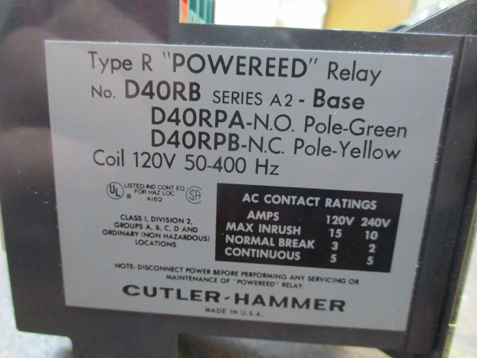 Cutler-Hammer Type R "Powereed" Relay D40RB 120V Coil Used