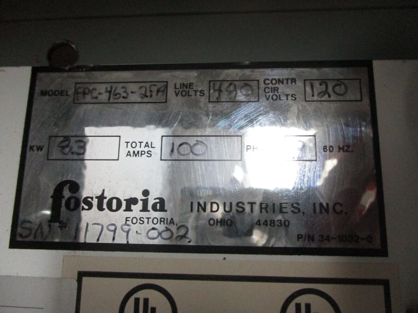 Fostoria Wall Infrared Contactor Enclosure FPC-463-2FP 8.3kW 480V 100A 3Ph 60Hz