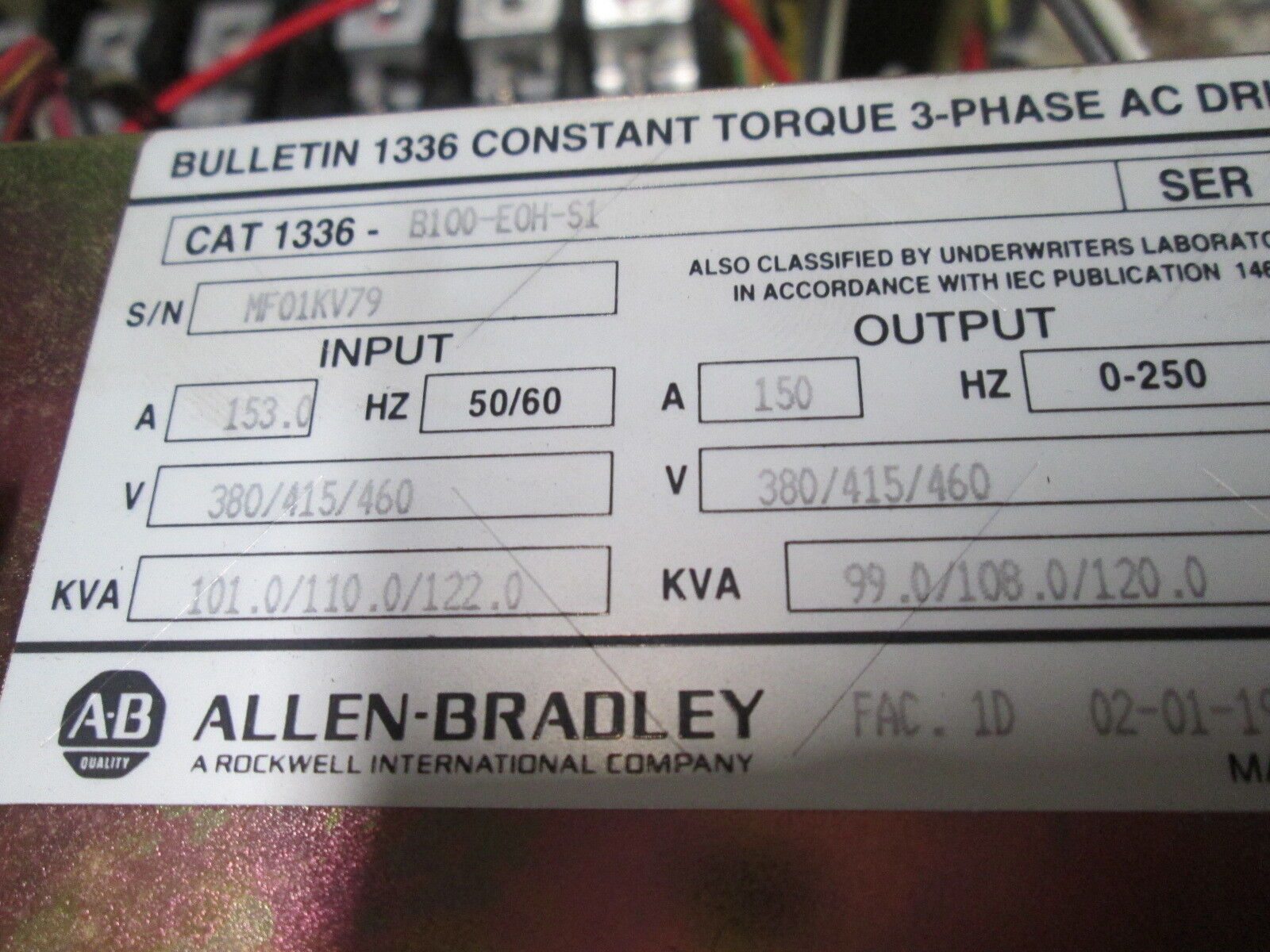 Allen-Bradley 1336 AC Drive 1336-B100-EAH-S1 100HP 3Ph Used