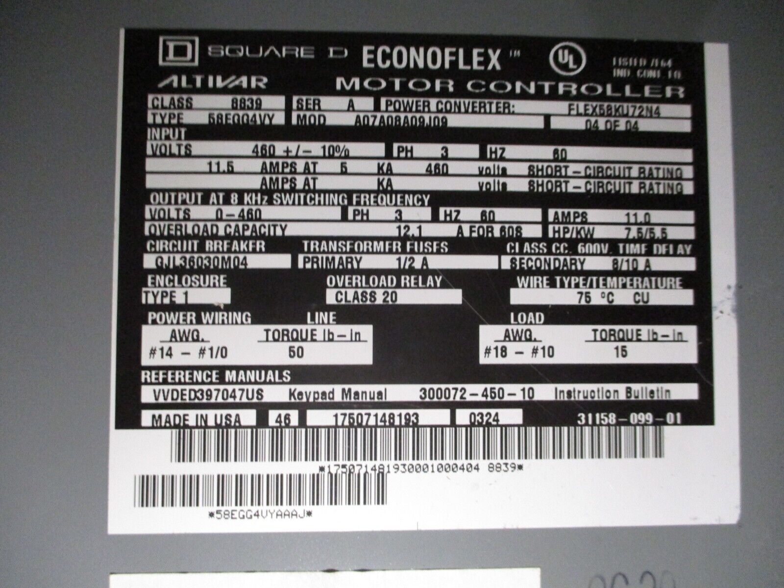 Square D Econoflex Altivar AC Drive w/ Bypass 8839 58EGG4VY Ser. A 7.5HP 3Ph