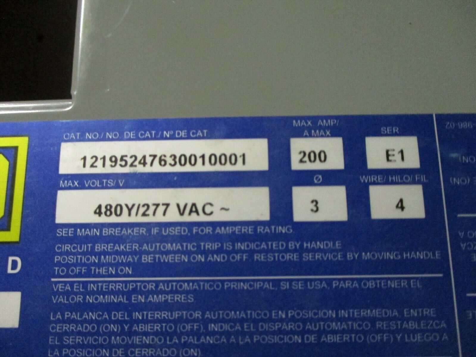Square D HCN I-Line Panelboard Interior 12195247630010001 Ser. E1 200A 480Y/277V