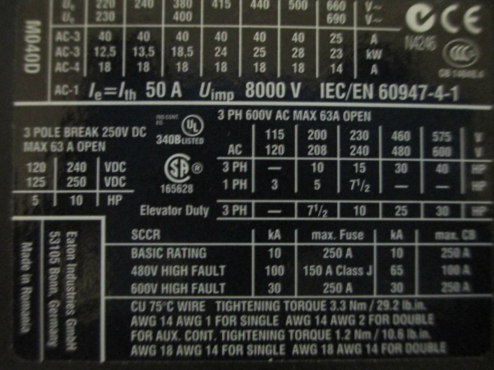 Eaton Contact XTCE040D, 40A 600V, With XTCEXFFAG22