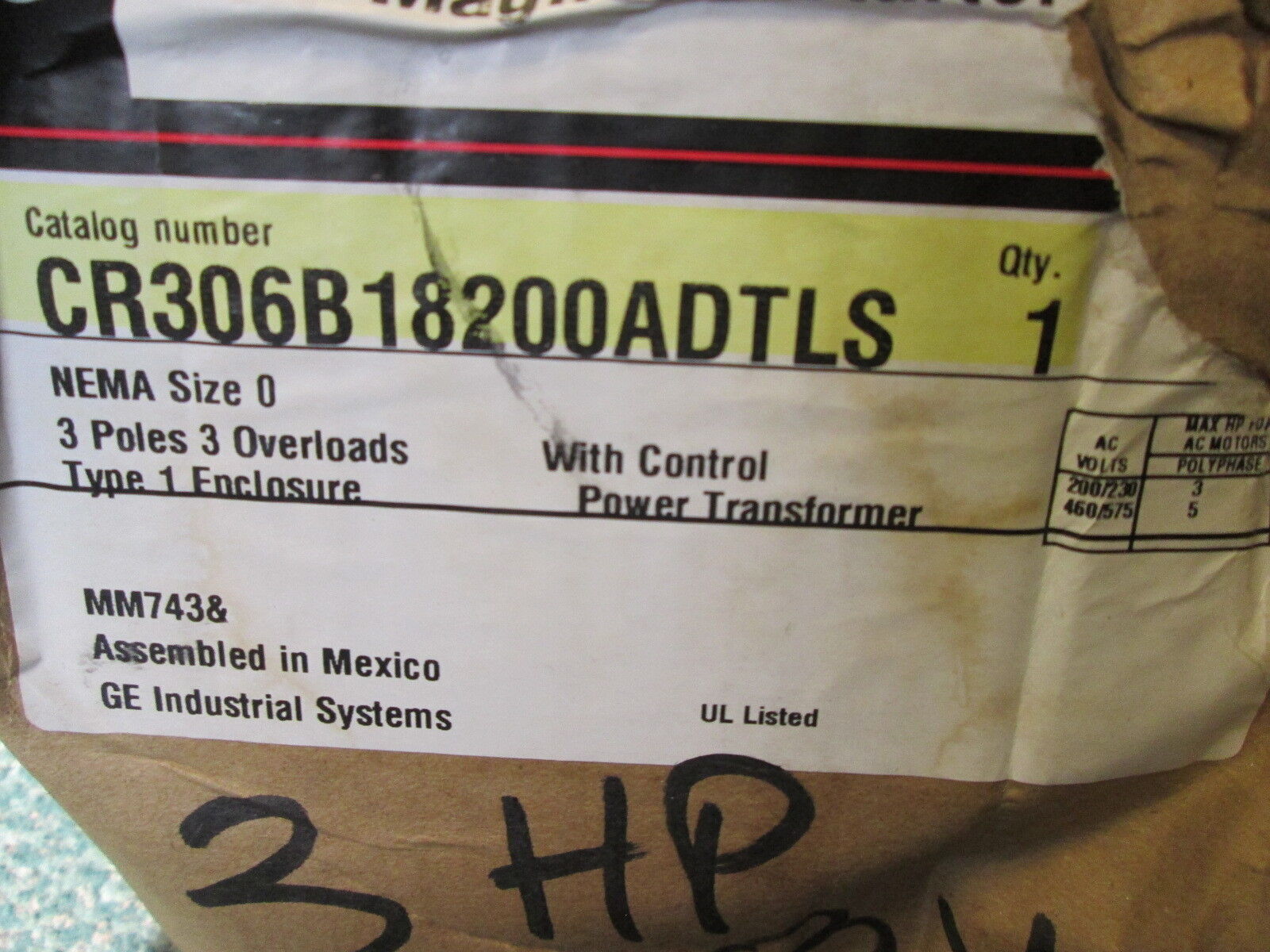 GE Enclosed Starter CR306B18200ADTLS Size 0 w/Control Transformer 3P New Surplus