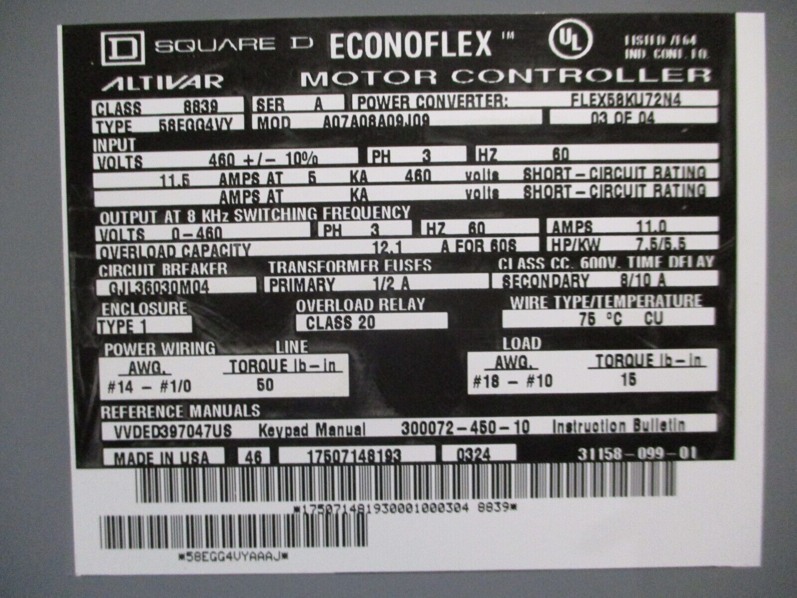 Square D Econoflex Altivar AC Drive w/ Bypass 8839 58EGG4VY Ser. A 7.5HP 3Ph