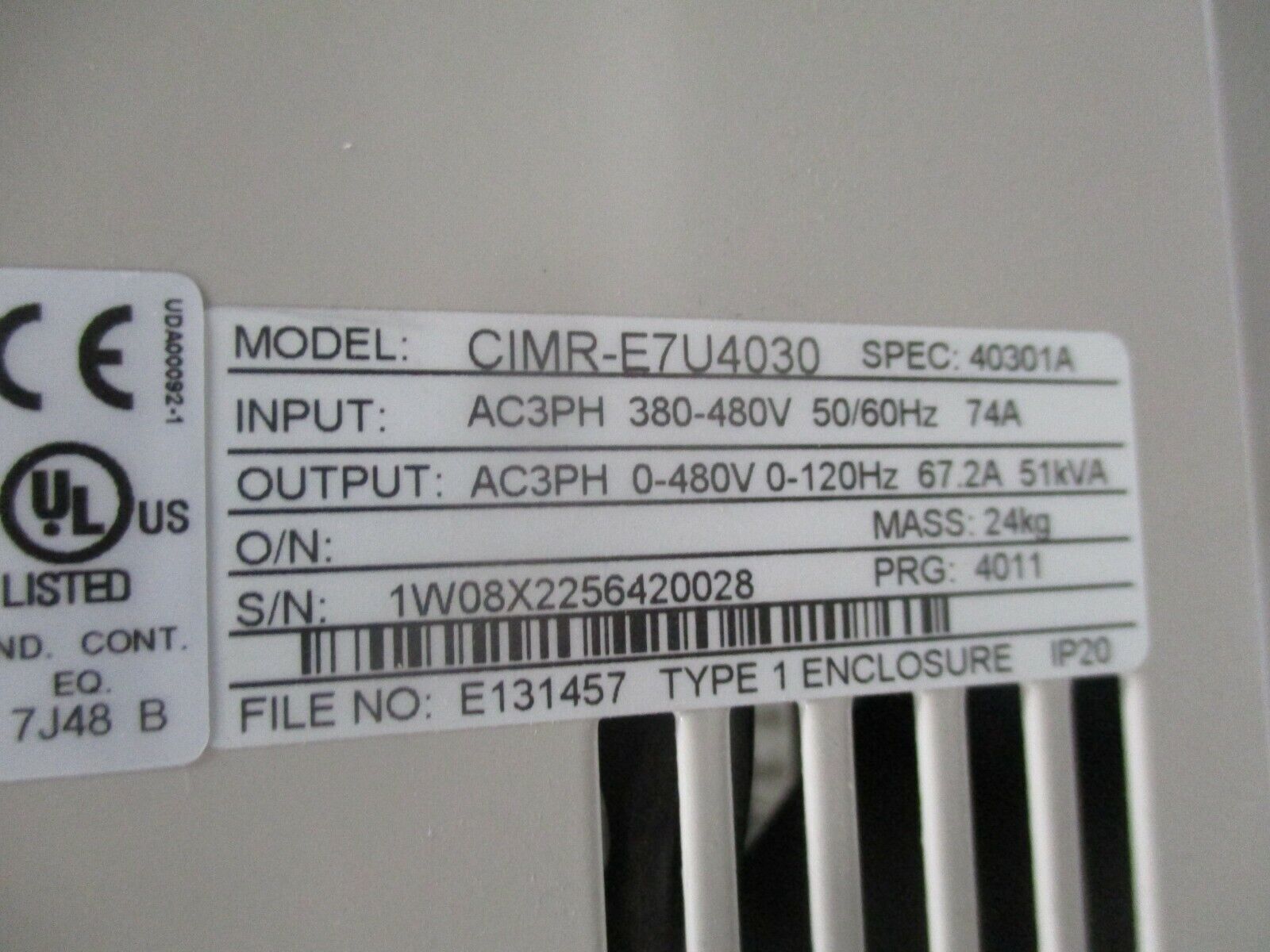 Yaskawa E7 AC Drive w/ Bypass CIMR-E7U4030 50HP 3Ph Type 1 Enclosure Used