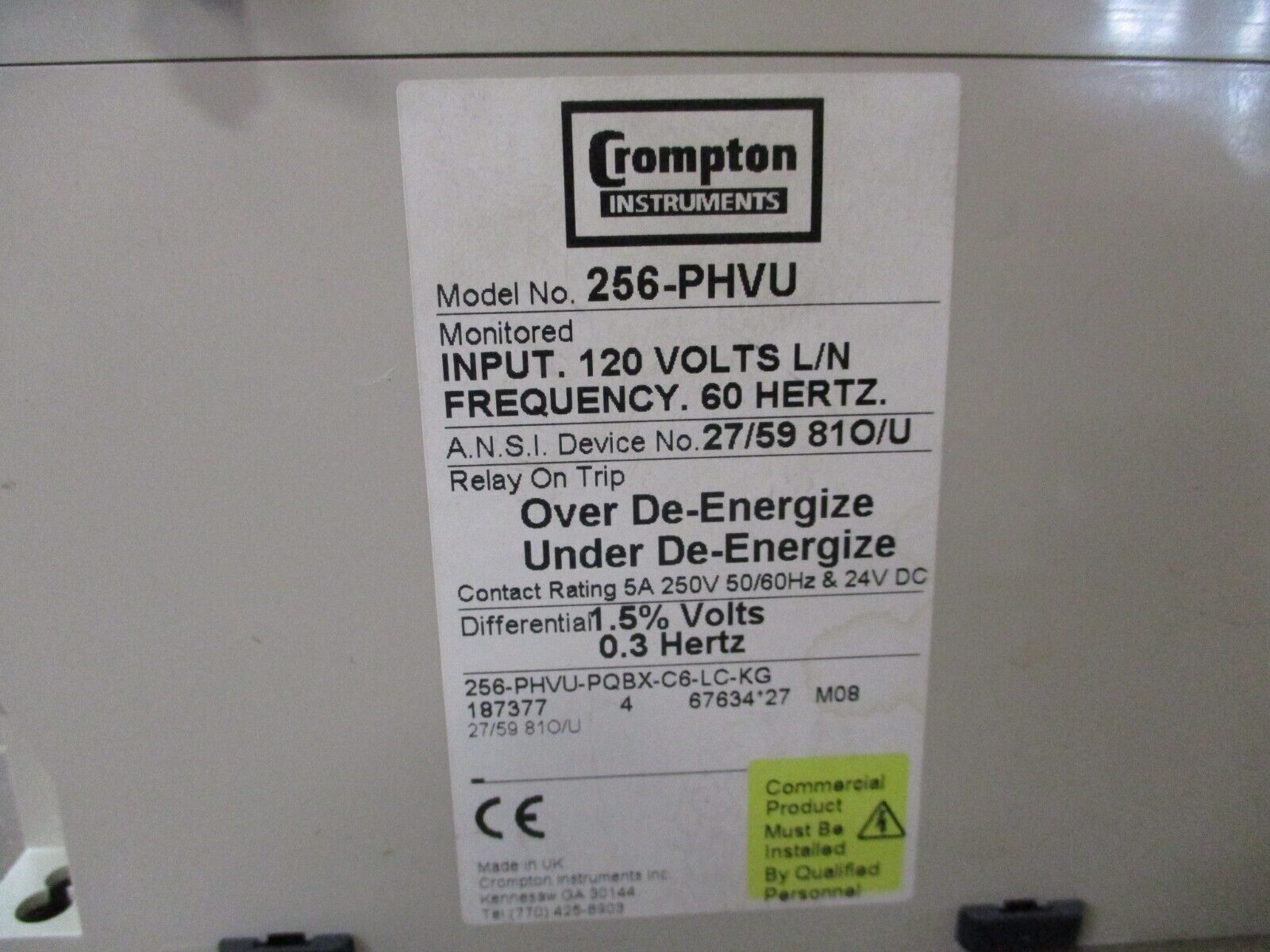 Crompton Protector Relay 256-PHVU-PQBX-C6-LC-KG 120V 60Hz Used