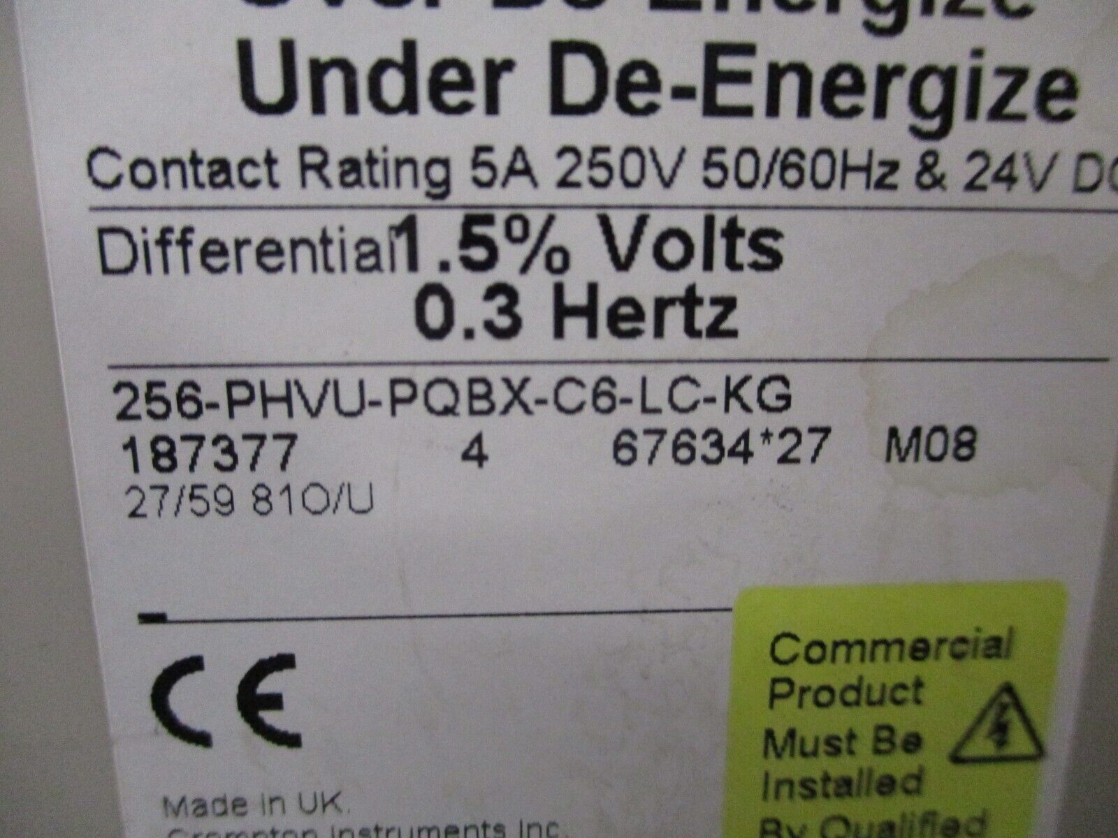 Crompton Protector Relay 256-PHVU-PQBX-C6-LC-KG 120V 60Hz Used
