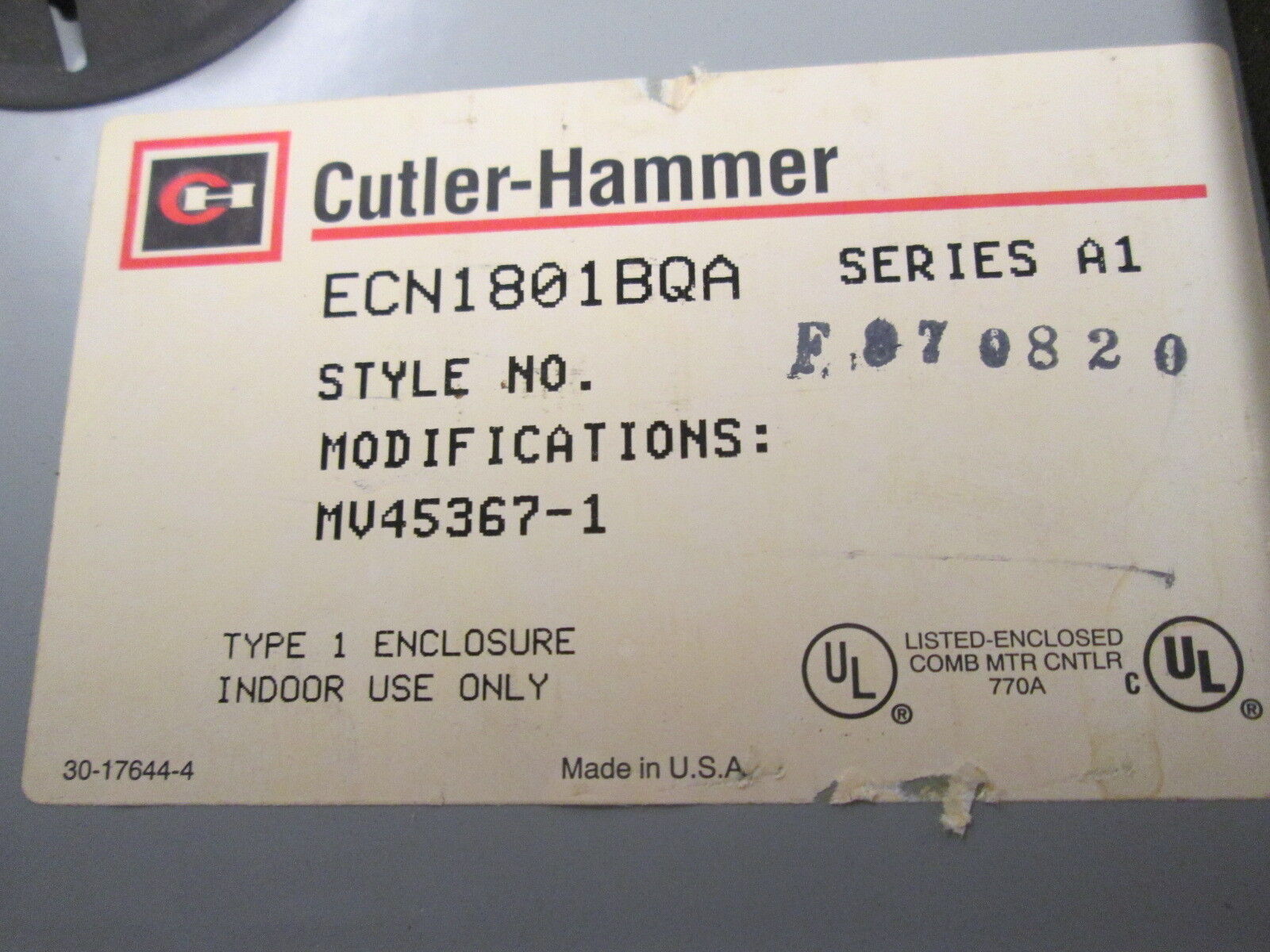 Cutler-Hammer Non-Fusible Size 1 Combination ECN1801BQA 120V Coil 3Ph 3P Used