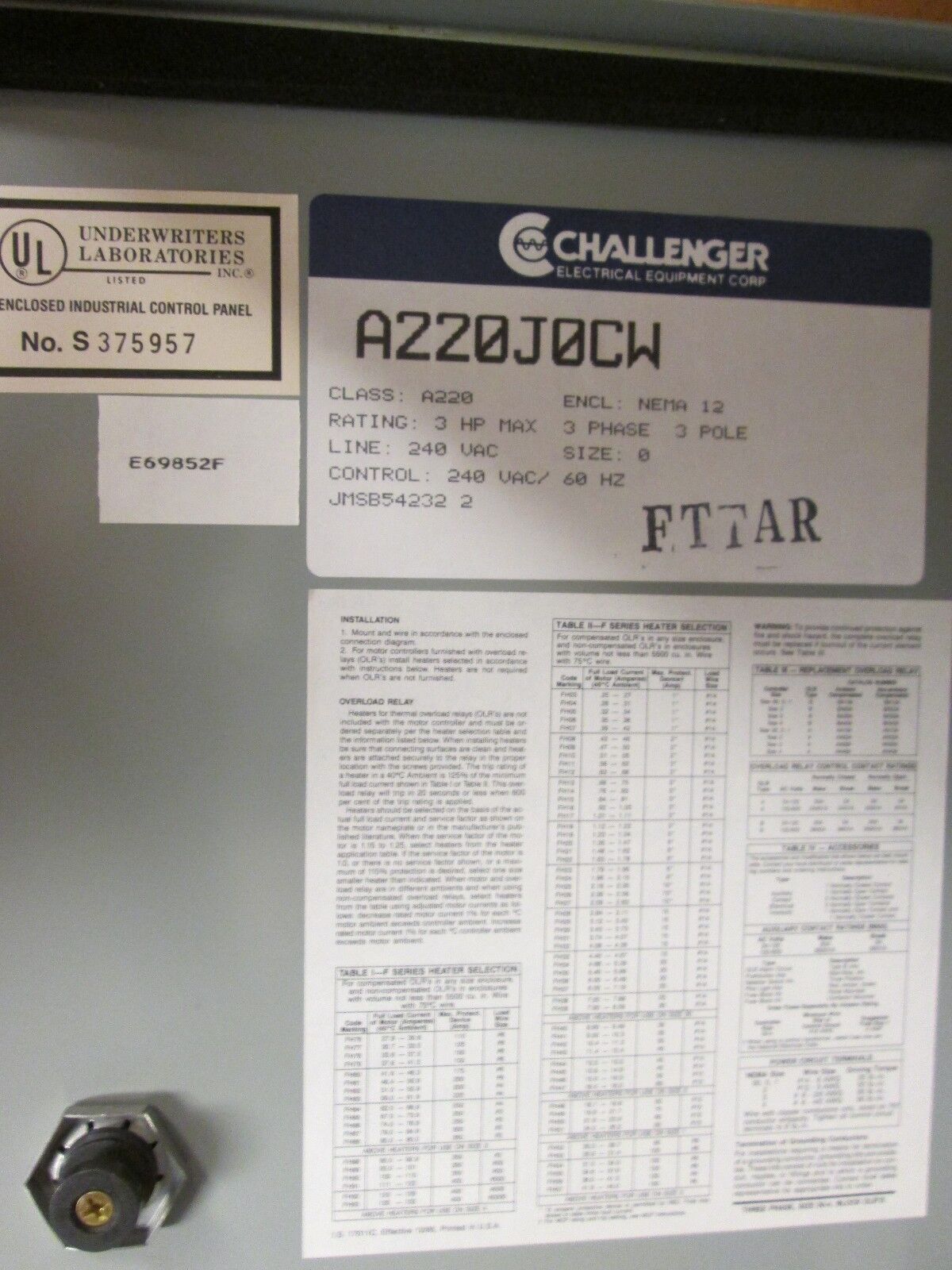 Challenger 2 Speed Enclosed Starter A220J0CW Size 0 nema 12 Enclosure 240V Coil