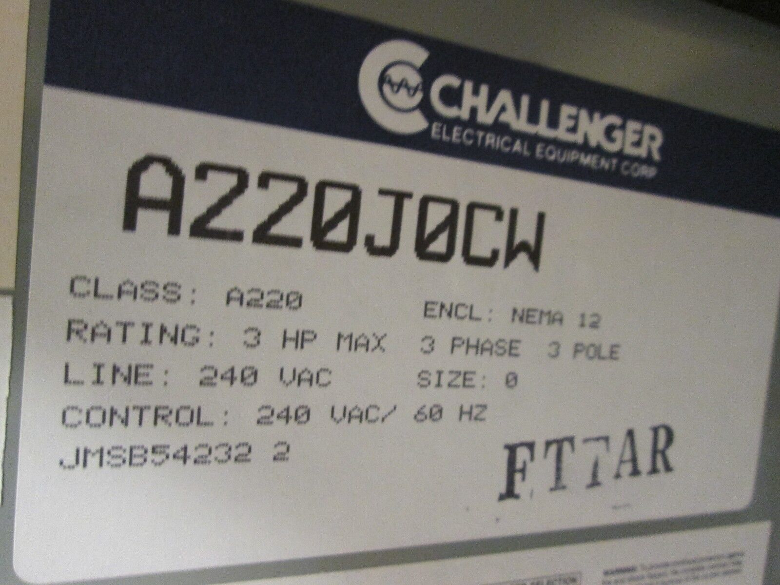 Challenger 2 Speed Enclosed Starter A220J0CW Size 0 nema 12 Enclosure 240V Coil