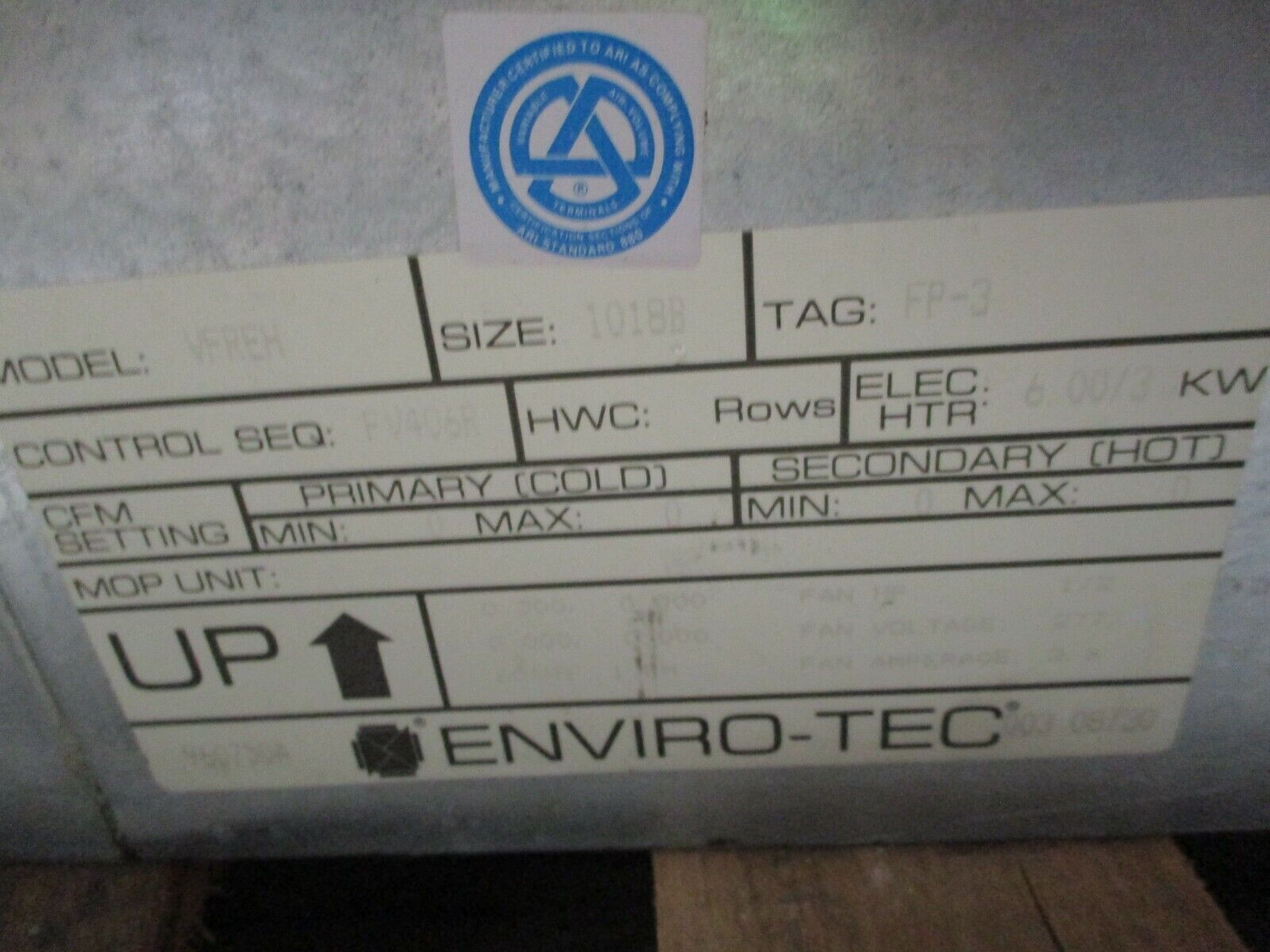 Enviro-Tec Direct Drive Blower 9608-00401 6KW 277V 1Ph 60Hz Steps: 3 Used