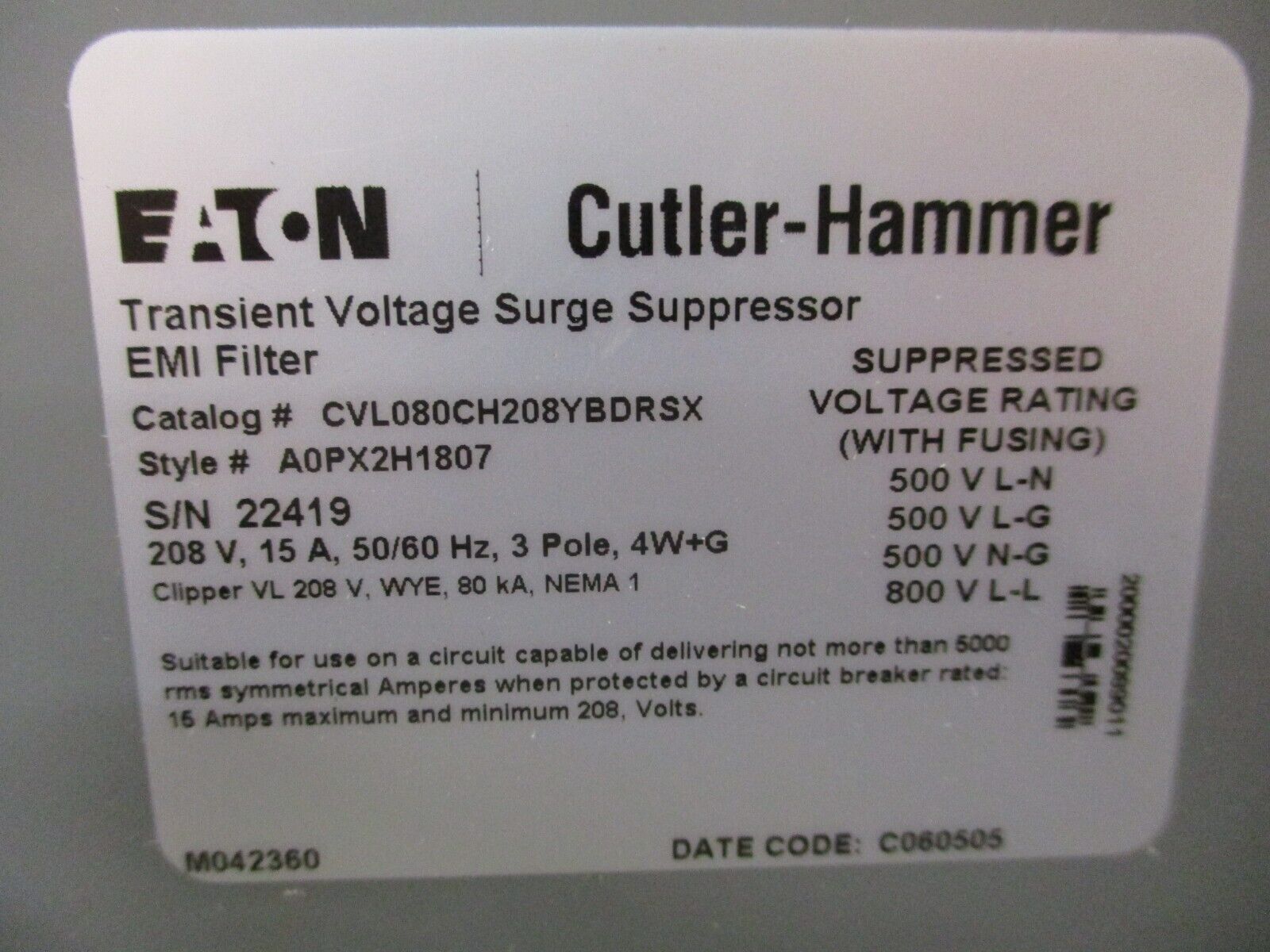 Eaton Surge Suppressor / EMI Filter CVL080CH208YBDRSX Style: A0PX2H1807 208V