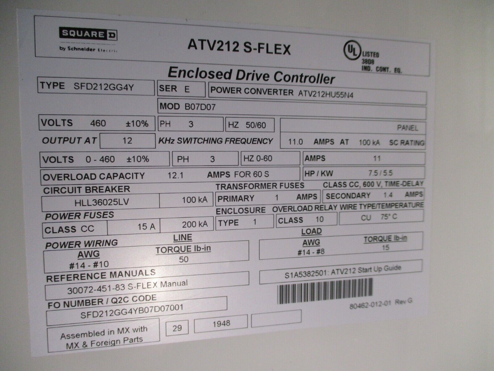 Square D ATV212 S-Flex AC Drive w/ Bypass SFD212GG4Y Ser. E 7.5HP 3Ph w/ Keypad