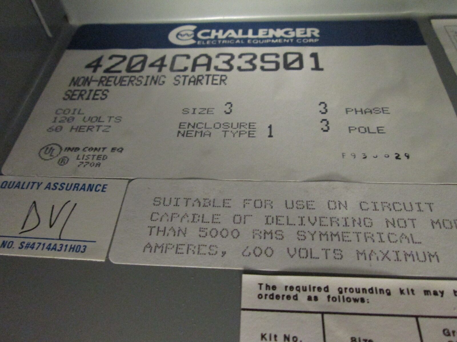 Challenger Enclosed Starter 4204CU33S01 Size 3 120V Coil nema 1 Enc. New Surplus