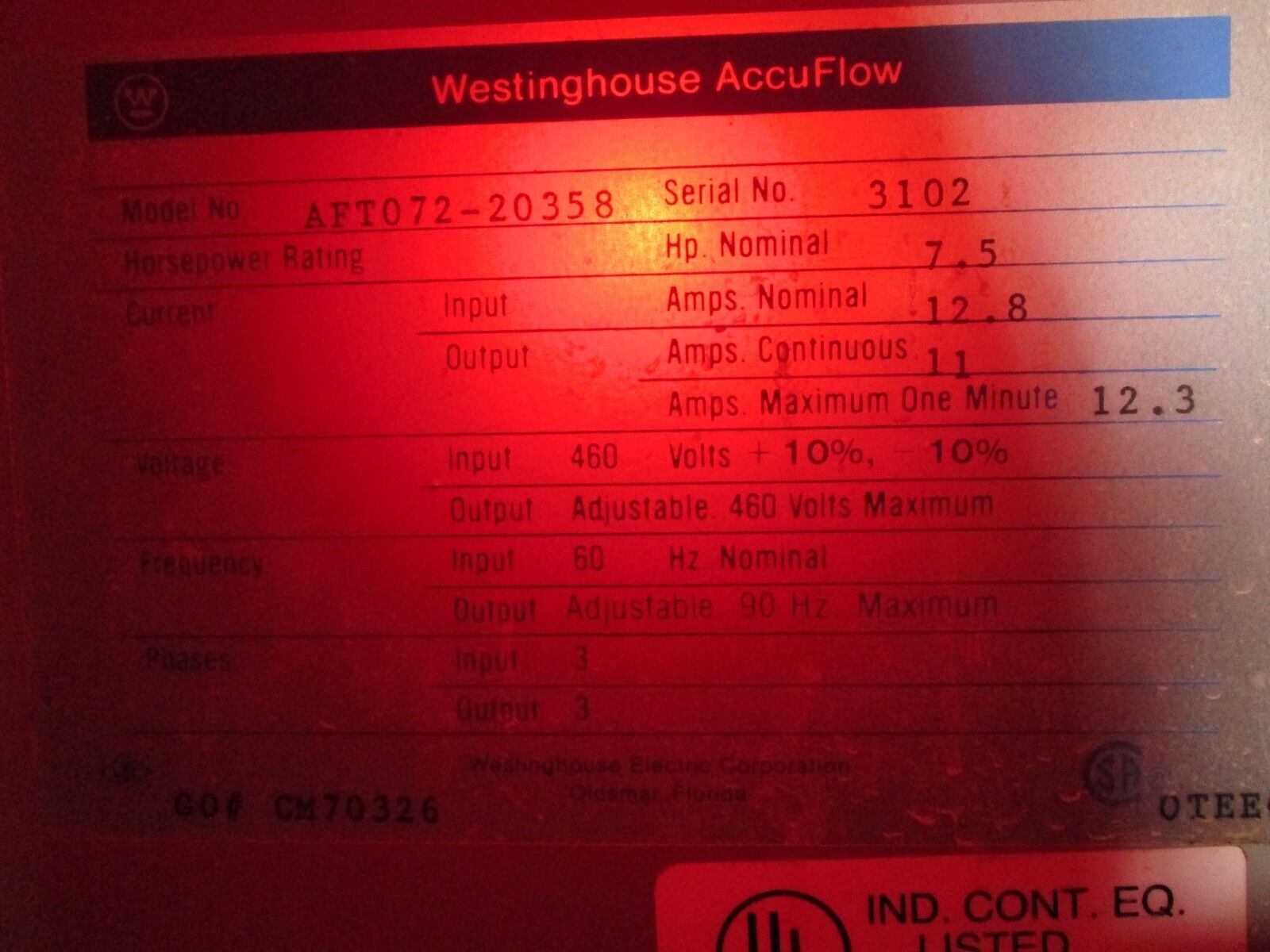 Westinghouse AccuFlow AC Drive w/ Bypass AFT072-20358 7.5HP Used